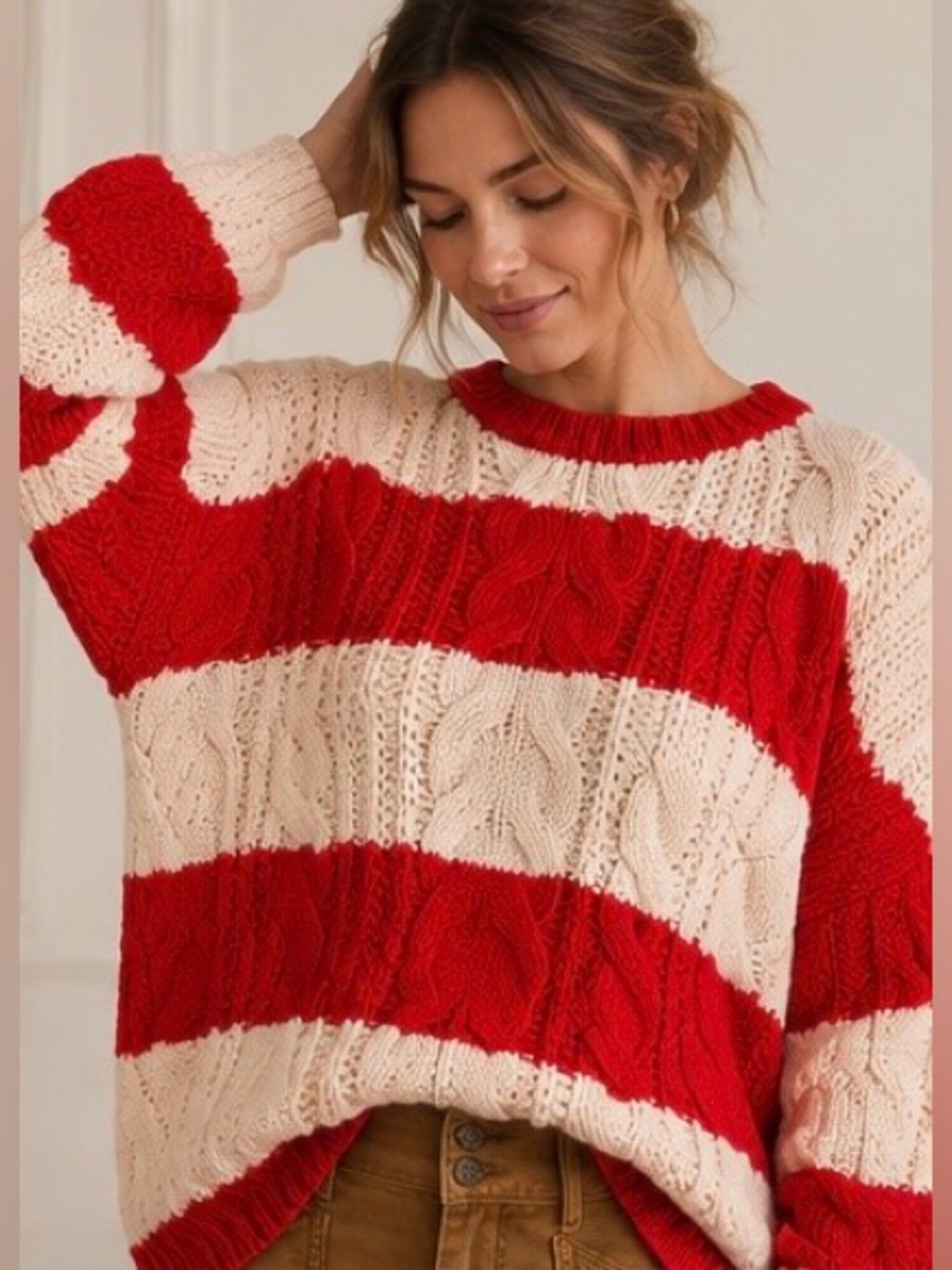 NWT - Cider Cable Knit Striped Pullover in Red & Cream - Oversized